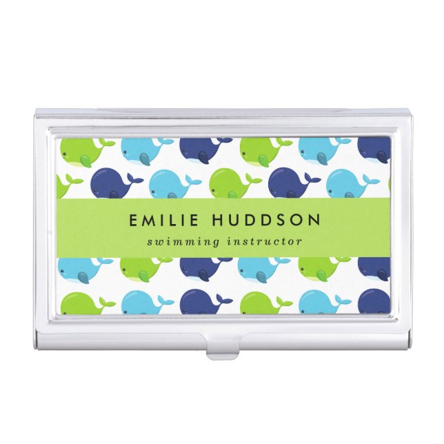 Cute Whales, Swim Instructor, Swimming Coach Business Card Case (Front)