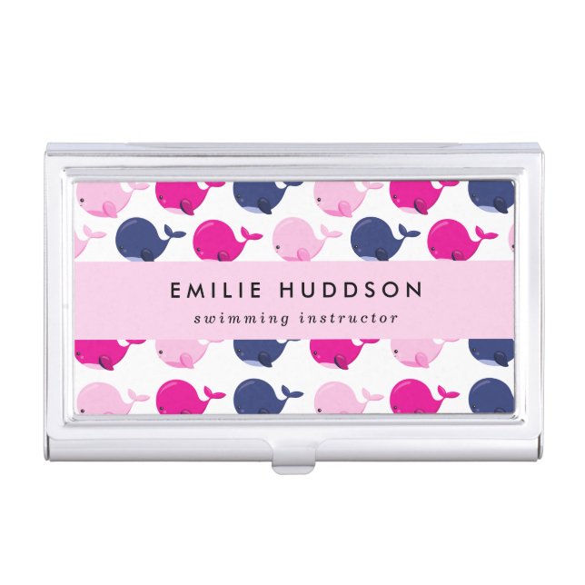 Cute Whales, Swim Instructor, Swimming Coach Business Card Case (Front)