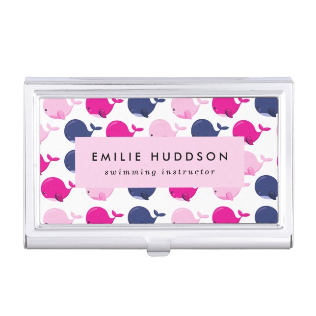 Cute Whales, Swim Instructor, Swimming Coach Business Card Case (Front)