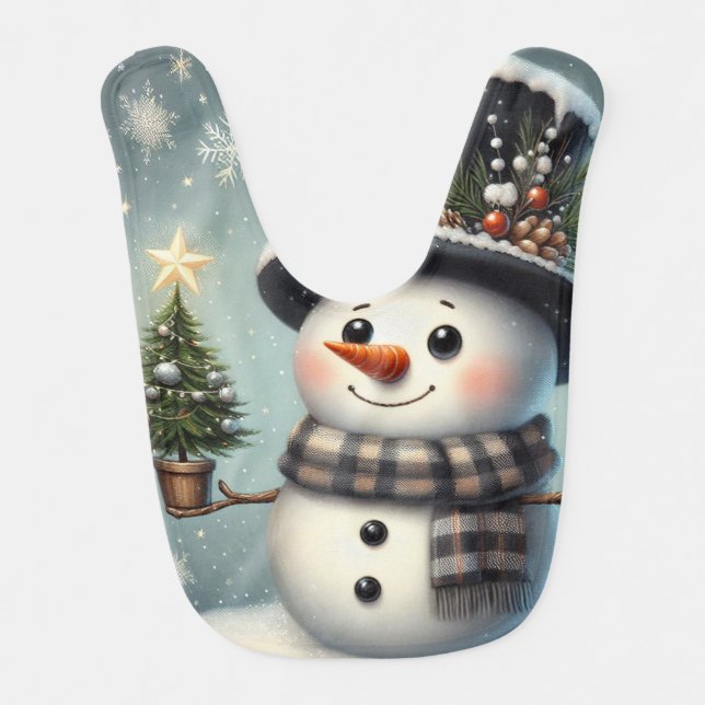 Cute whimiscal Christmas/winter snowman Baby Bib (Front)