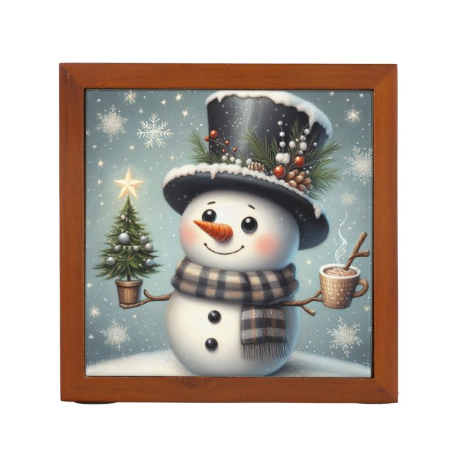 Cute whimiscal Christmas/winter snowman Desk Organizer (Front)