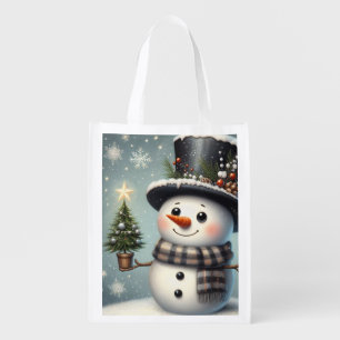 Cute whimiscal Christmas/winter snowman Grocery Bag