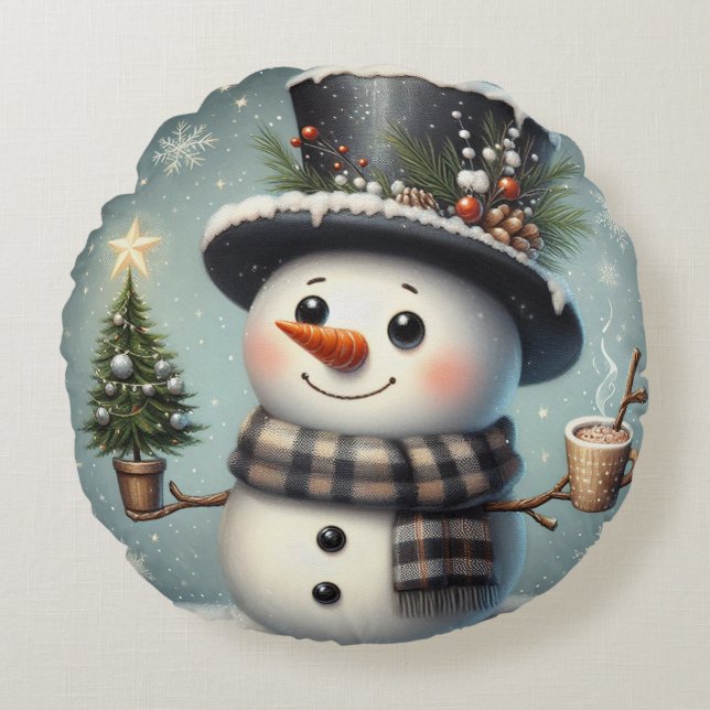 Cute whimiscal Christmas/winter snowman Round Pillow (Front)