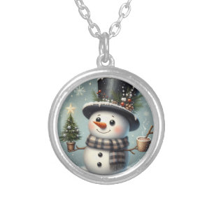 Cute whimiscal Christmas/winter snowman Silver Plated Necklace