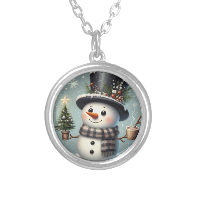 Cute whimiscal Christmas/winter snowman Silver Plated Necklace (Front)