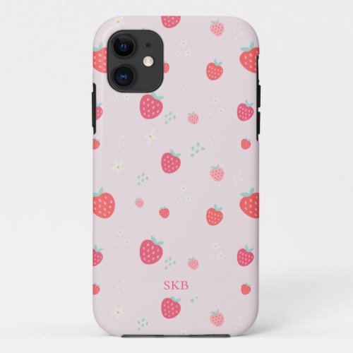 Cute whimisical pink  red strawberry monogram iPhone 11 case