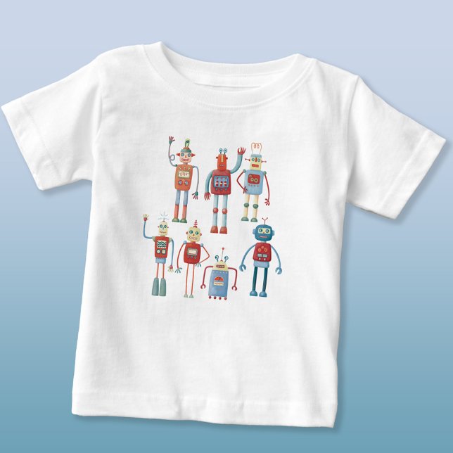 Cute Whimsical 1950s Style Retro Robots Baby T-Shirt (Fun retro robots t-shirt)