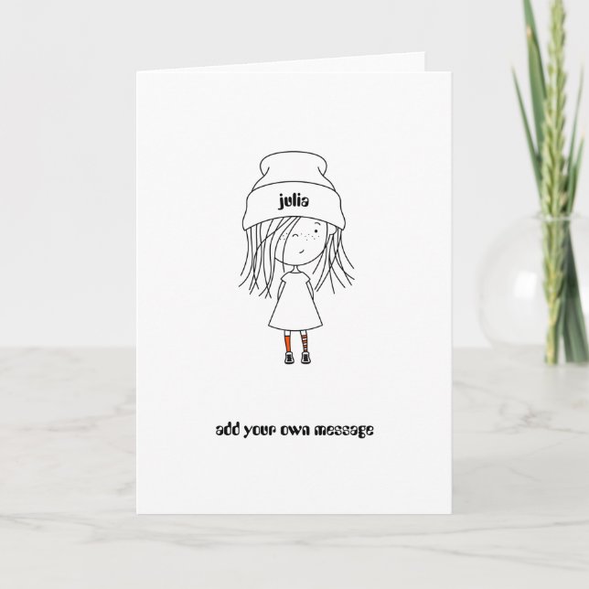 Cute Whimsical Adorable Girl Hat Socks Cartoon Card (Front)