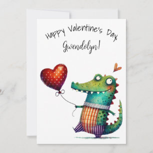 Cute Whimsical Alligator Valentine's Day Flat Card