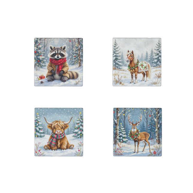 Cute Whimsical Animals Christmas   Stone Magnet (Front)