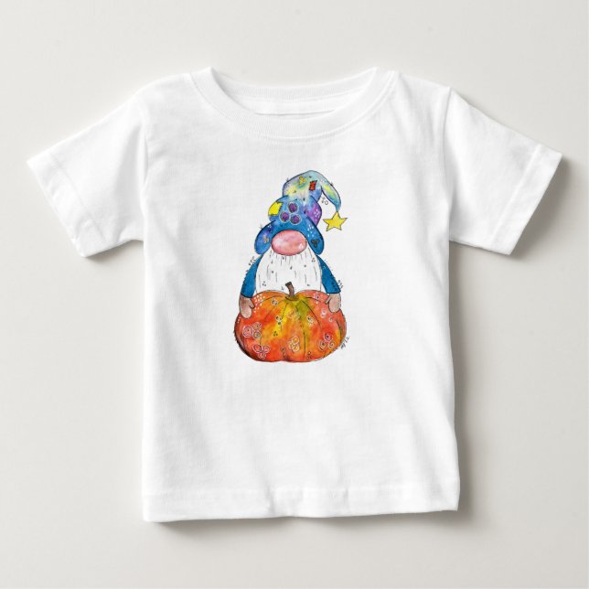 Cute Whimsical Autumn Gnome with Pumpkin Baby T-Shirt (Front)