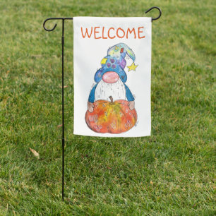 Cute Whimsical Autumn Gnome with Pumpkin Garden Flag