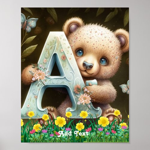Cute Whimsical Baby Bear holding Alphabet A Poster