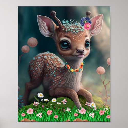 Cute Whimsical Baby Deer in Forest  Poster