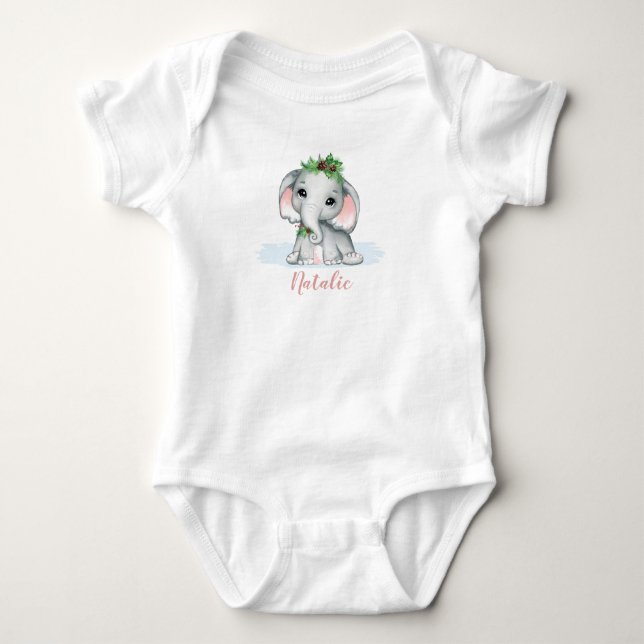 Cute Whimsical Baby Girl Elephant Winter Name Baby Bodysuit (Front)