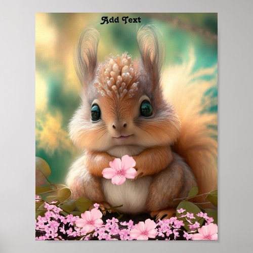 Cute Whimsical Baby Squirrel Pink Flowers  Poster