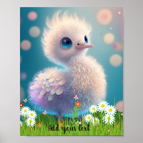 Cute Whimsical Baby Stork Illustration Bird Daisy Poster