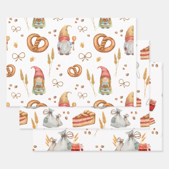 Cute Whimsical Baking Christmas Gnomes Wrapping Paper Sheets (Set)