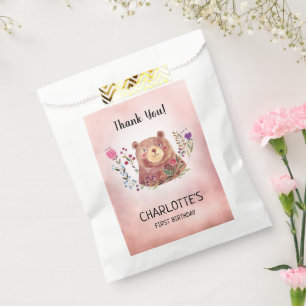 Cute Whimsical Bear and Flowers Girl's Birthday Favor Bag