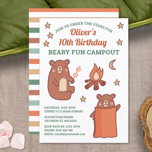 Cute Whimsical Bear Camping Birthday Invitation