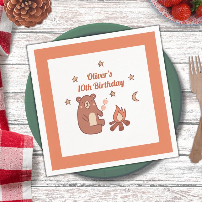 Cute Whimsical Bear Camping Birthday Napkins (Creator Uploaded)