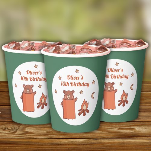 Cute Whimsical Bear Camping Birthday Paper Cups