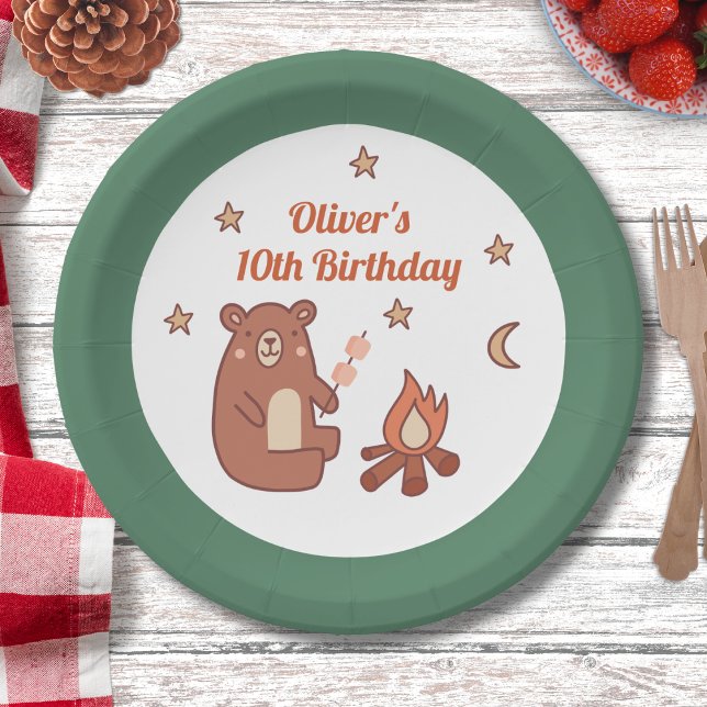 Cute Whimsical Bear Camping Birthday Paper Plates (Creator Uploaded)
