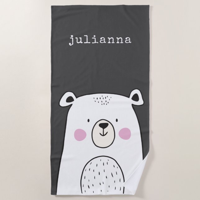 Cute Whimsical Bear Illustration Custom Name Beach Towel (Front)