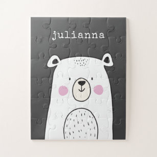 Cute Whimsical Bear Illustration Custom Name Jigsaw Puzzle