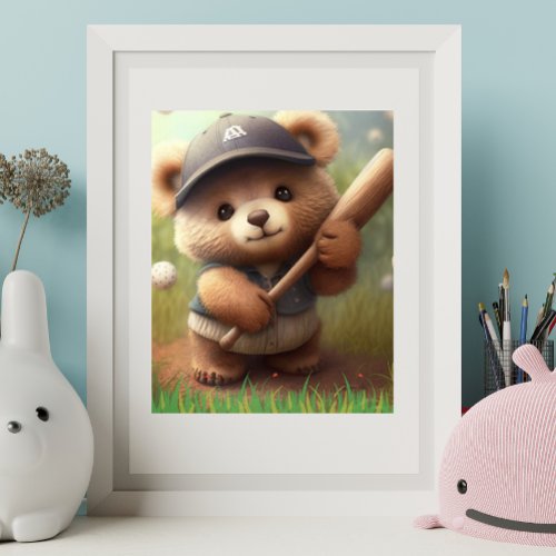 Cute Whimsical Bear Playing Baseball Personalized Poster