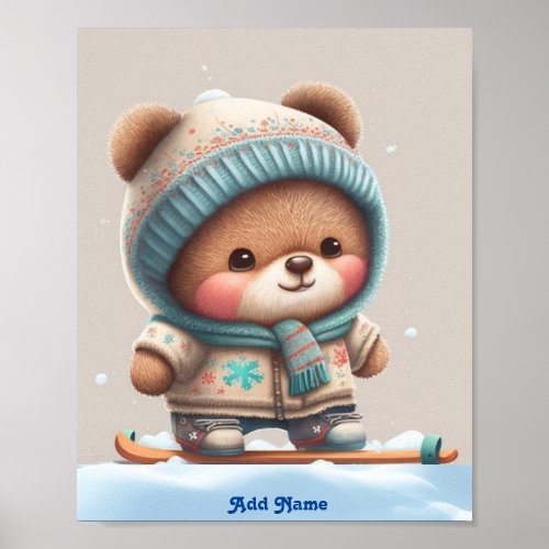 Cute Whimsical Bear Skiing Nursery Printable Poster