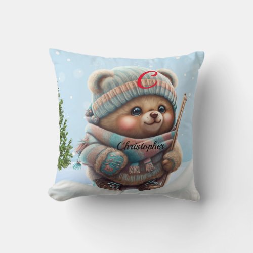 Cute Whimsical Bear Skiing Nursery Woodland Animal Throw Pillow