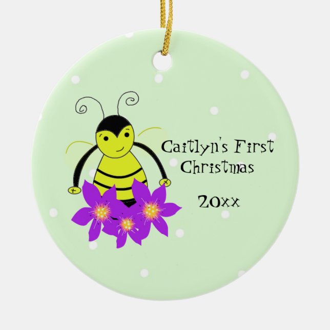Cute Whimsical Bee Baby's First Christmas Ceramic Ornament (Front)
