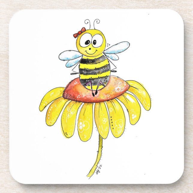 Cute Whimsical Bee on a Flower Beverage Coaster (Front)