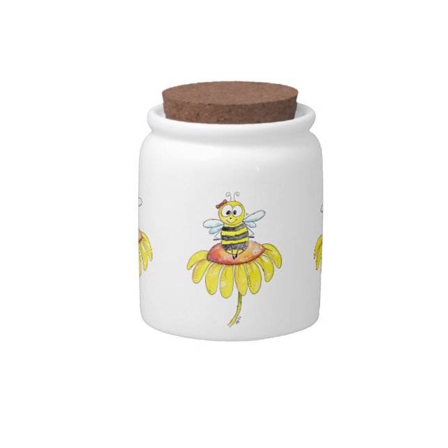 Cute Whimsical Bee on a Flower Candy Jar (Front)