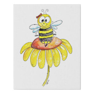 Cute Whimsical Bee on a Flower Faux Canvas Print