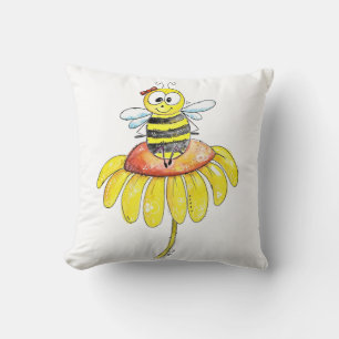 Cute Whimsical Bee on a Flower Throw Pillow