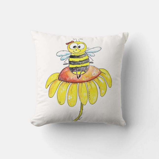 Cute Whimsical Bee on a Flower Throw Pillow (Front)