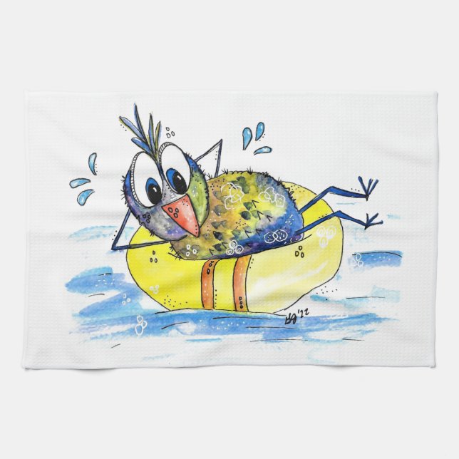 Cute Whimsical Bird on Float Kitchen Towel (Horizontal)