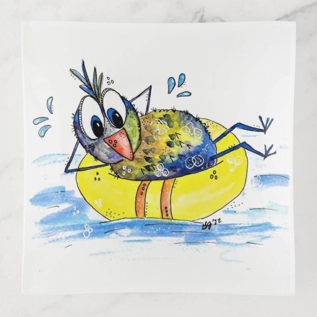 Cute Whimsical Bird on Float Trinket Tray (Front)