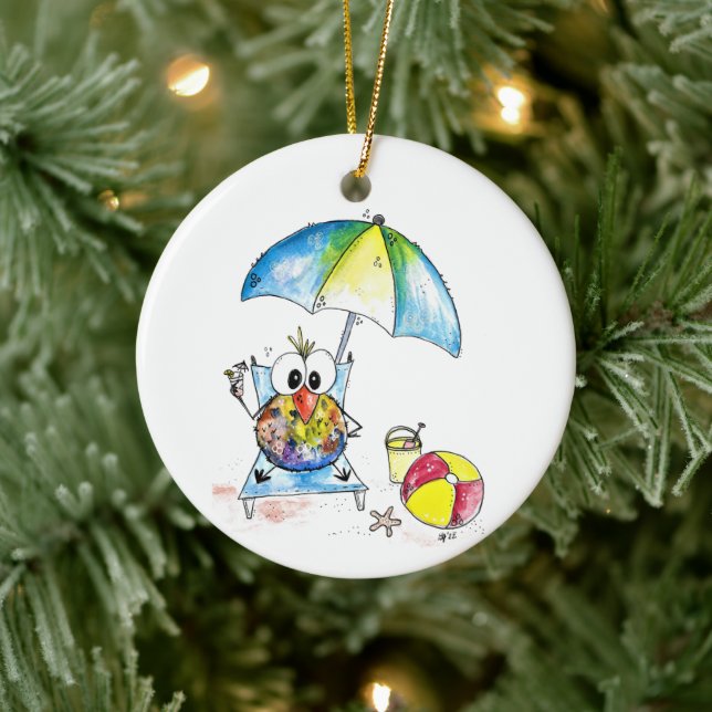 Cute Whimsical Bird on the Beach Ceramic Ornament (Tree)