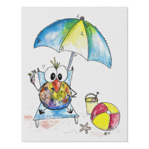 Cute Whimsical Bird on the Beach Faux Canvas Print