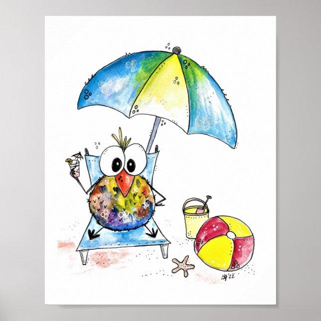 Cute Whimsical Bird on the Beach Poster (Front)