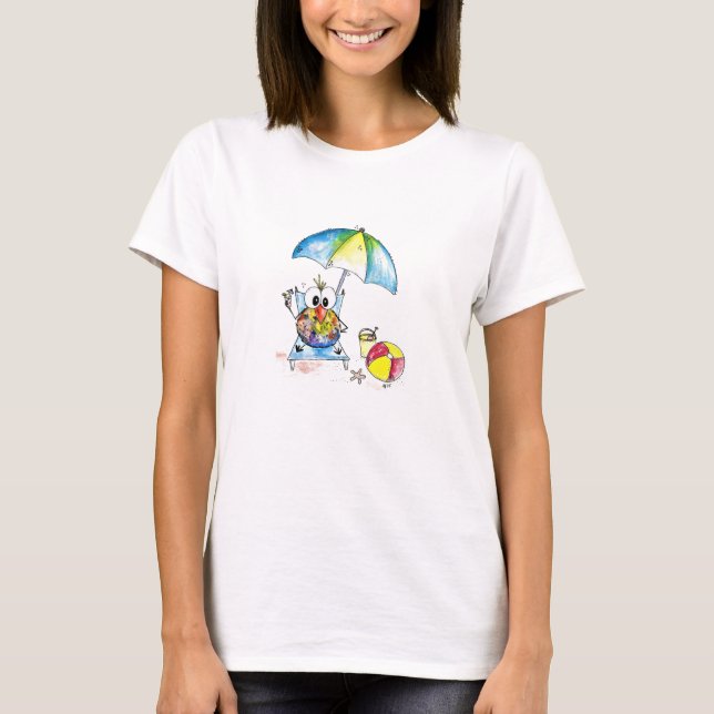 Cute Whimsical Bird on the Beach  T-Shirt (Front)