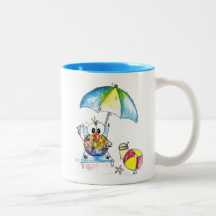 Cute Whimsical Bird on the Beach Two-Tone Coffee Mug