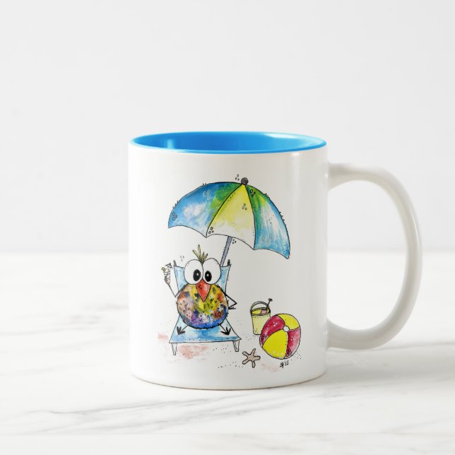 Cute Whimsical Bird on the Beach Two-Tone Coffee Mug (Right)