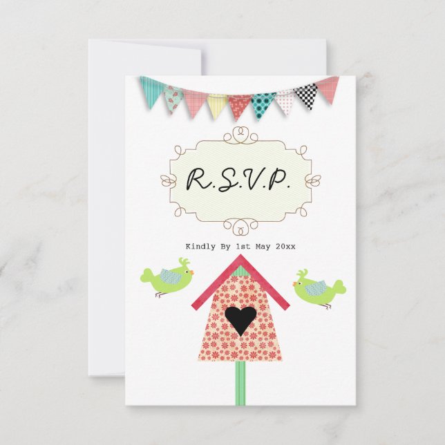 Cute Whimsical Birds And Birdhouse R.S.V.P. RSVP Card (Front)