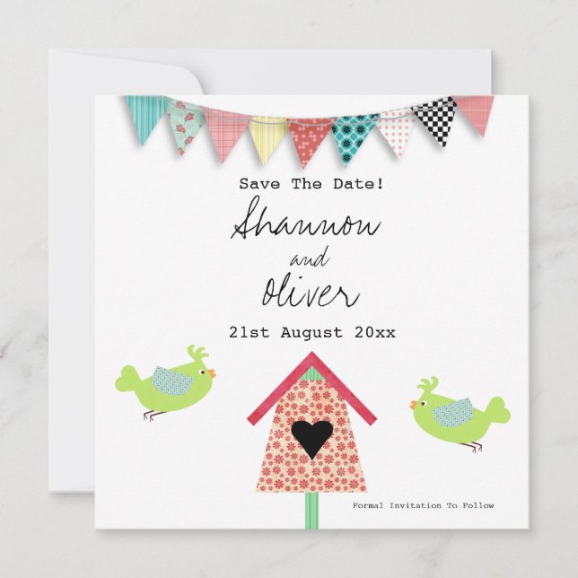 Cute Whimsical Birds And Birdhouse Save The Date (Front)
