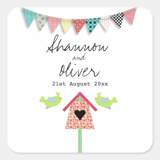 Cute Whimsical Birds And Birdhouse Wedding Favor Square Sticker (Front)