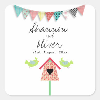 Cute Whimsical Birds And Birdhouse Wedding Favor Square Sticker